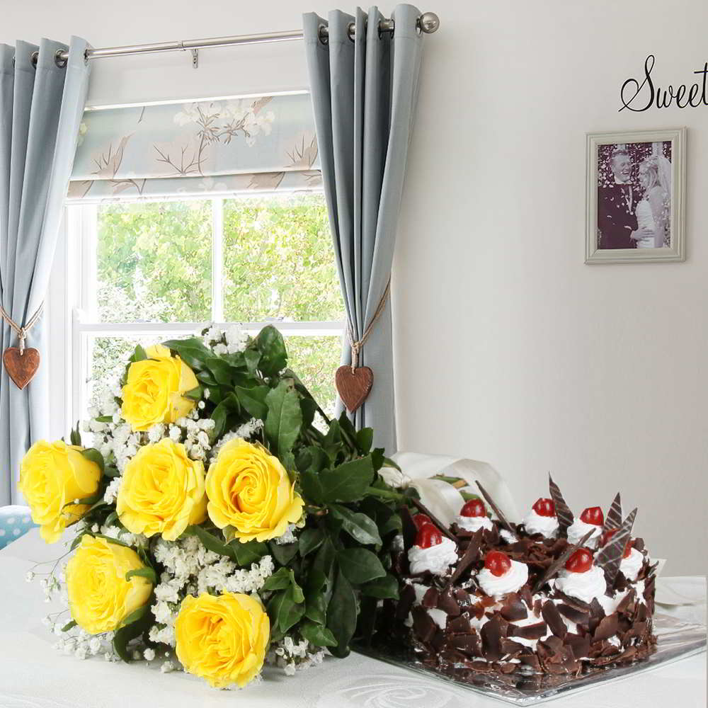 Black Forest Cake and Bouquet of Yellow Roses