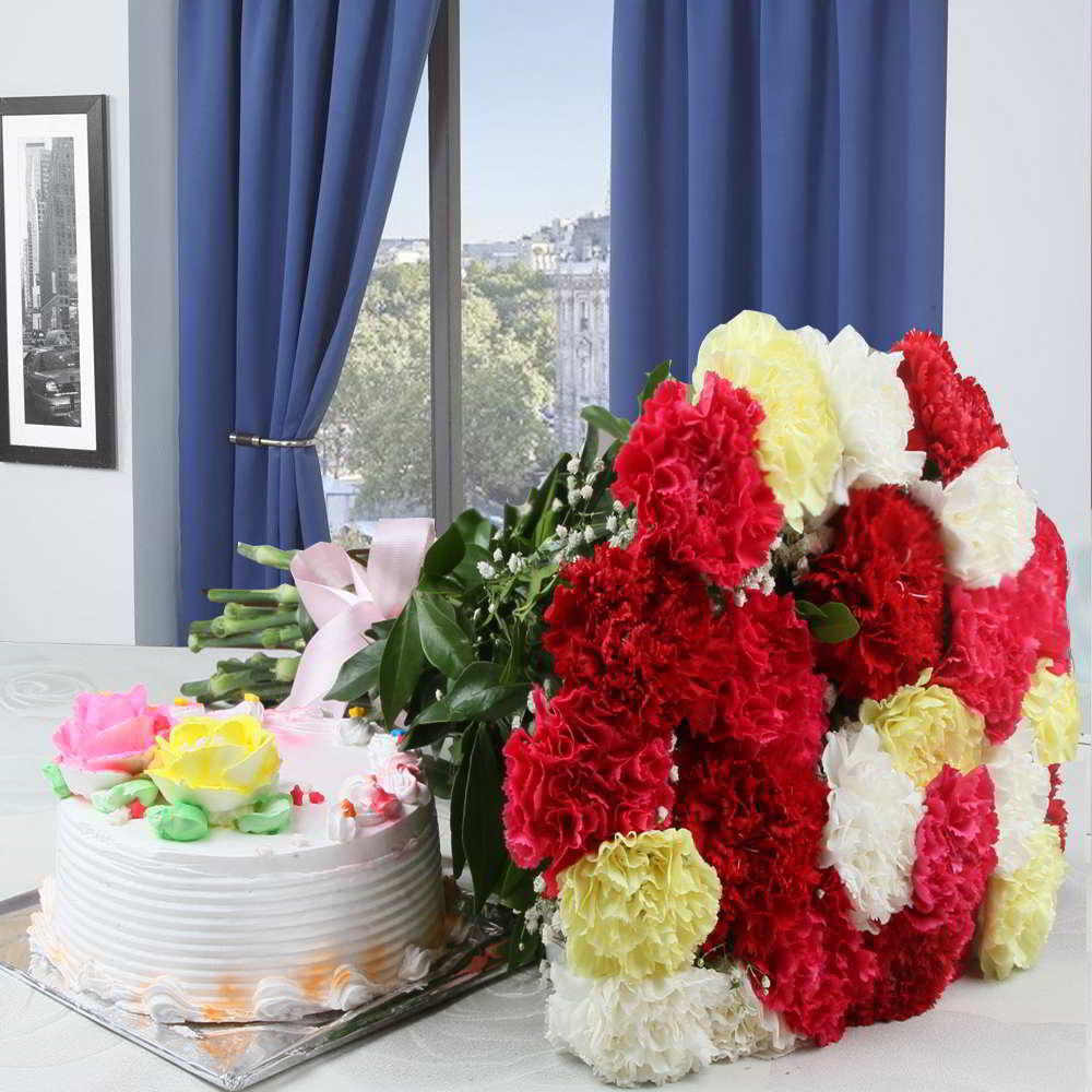 Vanila Cake with Mixed Carnation Bouquet