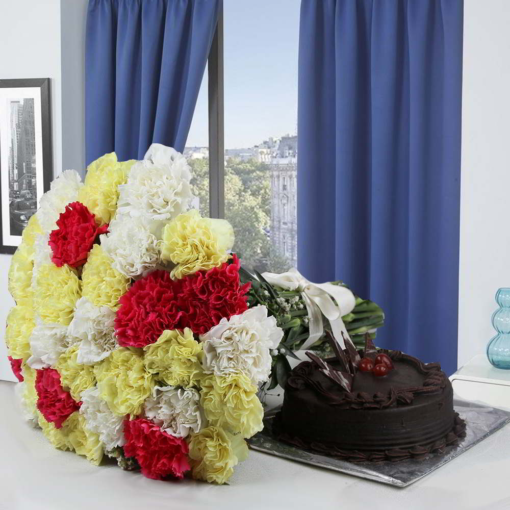 Dark Chocolate Cake and Mix Carnations Bouquet