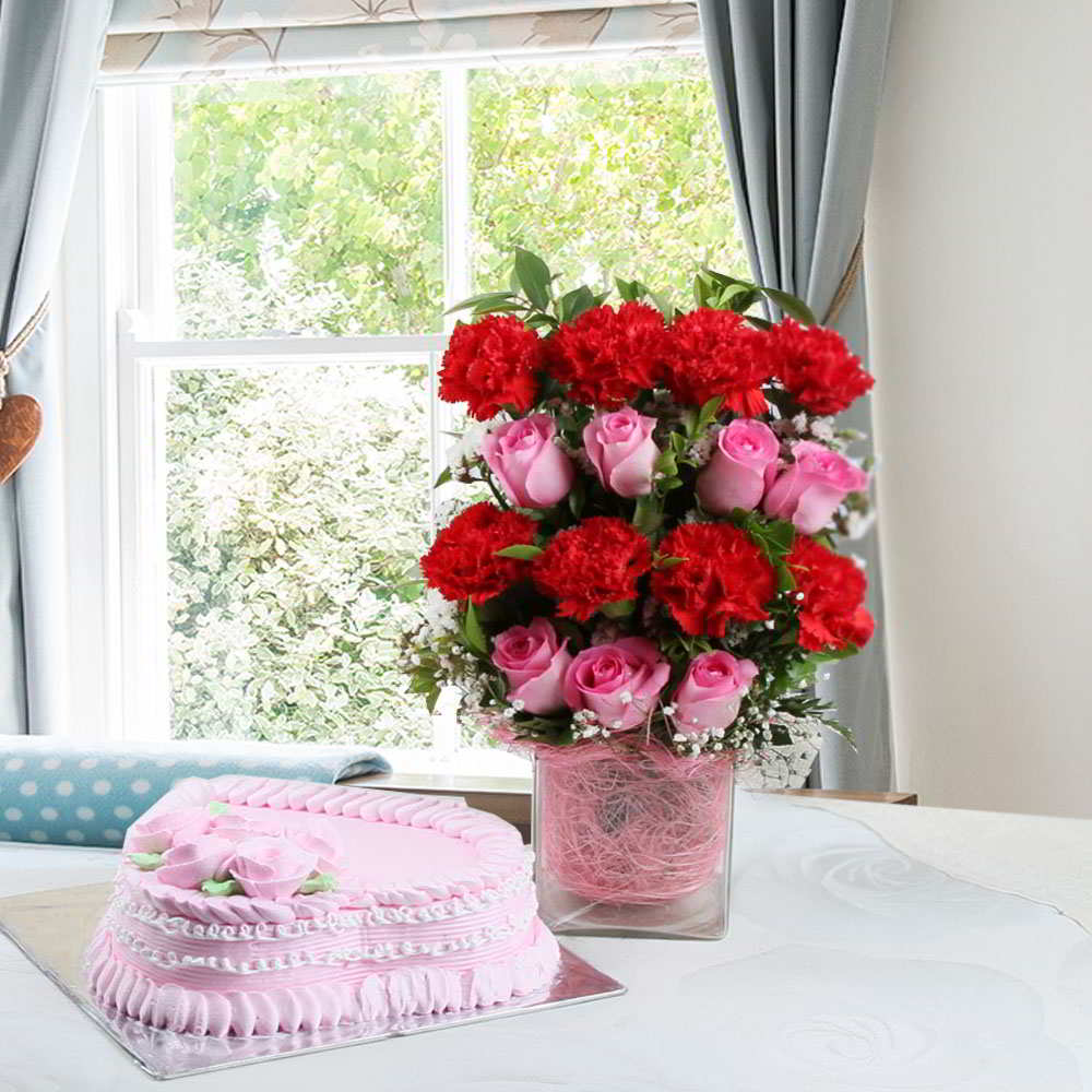 Strawberry Cake with Carnations and Roses in a Glass Vase