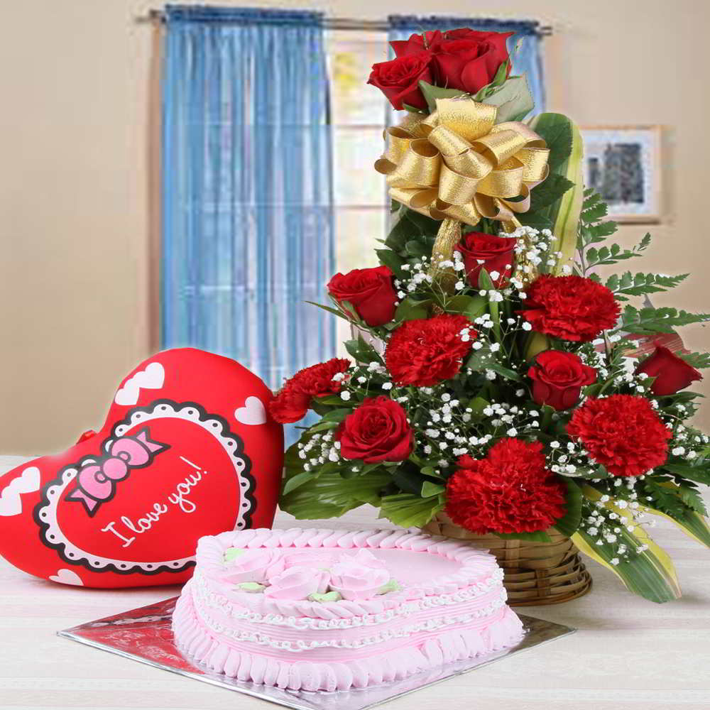 Strawberry Cake with Red Flowers Arrangement and Red Heart Cushion