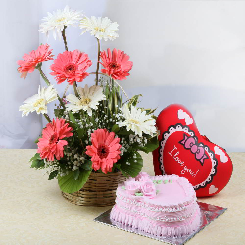 Arrangement of Gerberas with Heart Cushion and Strawberry Cake