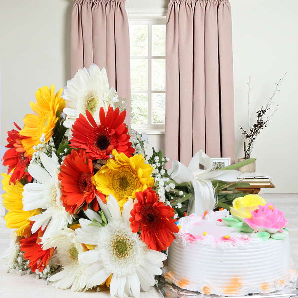 Hamper of Vanilla Cake and Gerberas Bouquet