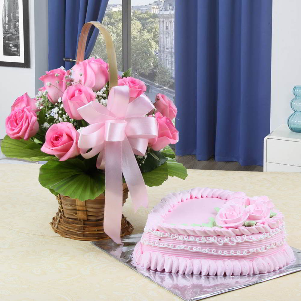 Ten Pink Roses Arrangement with Strawberry Cake