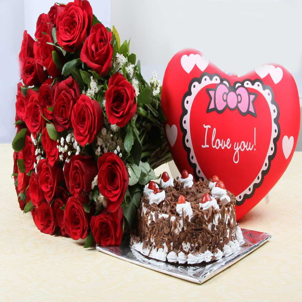 Bouquet of Roses with Heart Small Cushion and Black Forest Cake