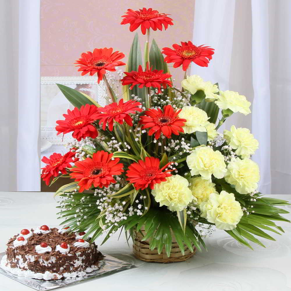 Black Forest Cake with Carnation and Gerberas Arrangement