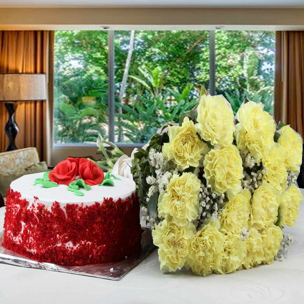 Hamper of Red Velvet Cake and Yellow Carnations