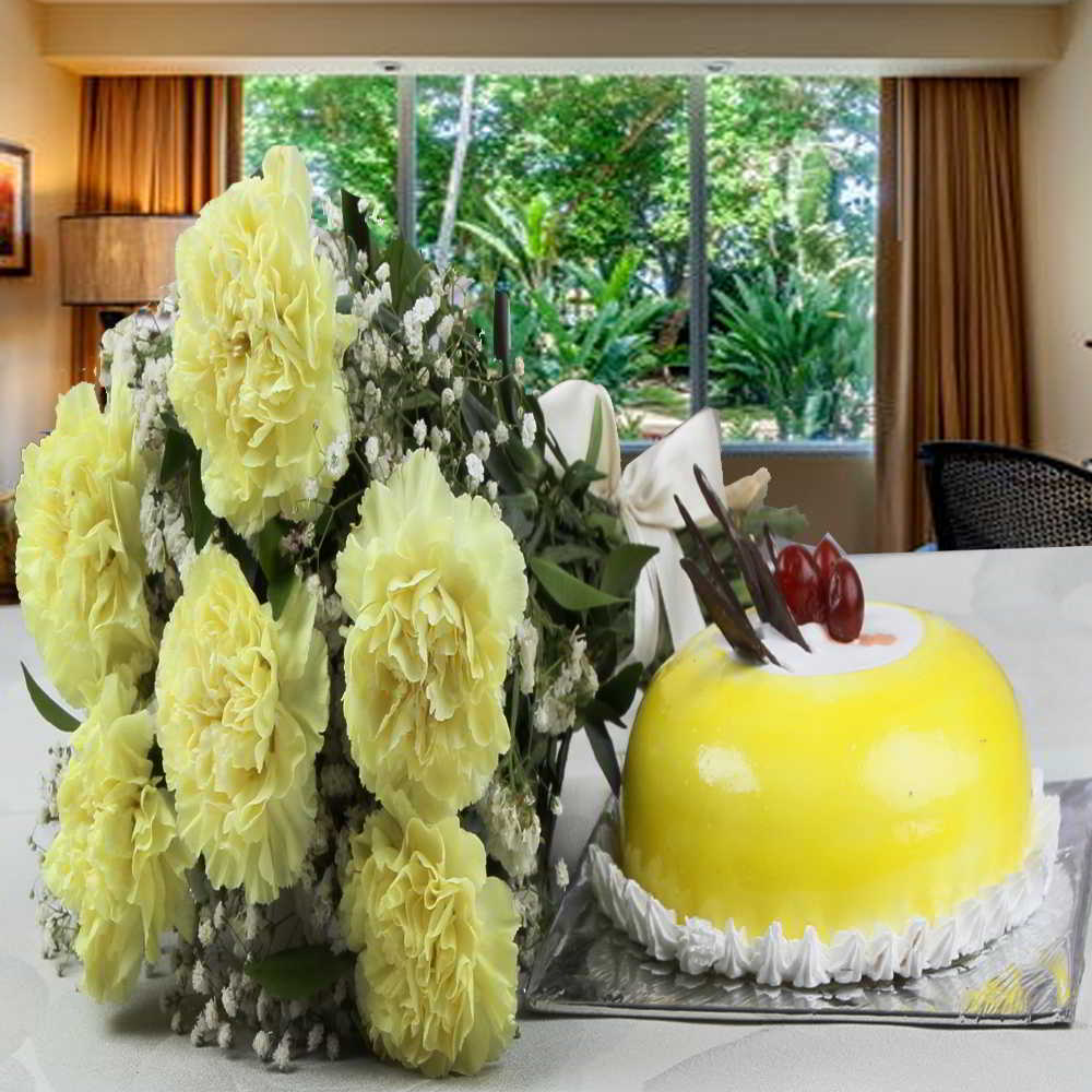 Pineapple Cake with Yellow Carnations Bouquet