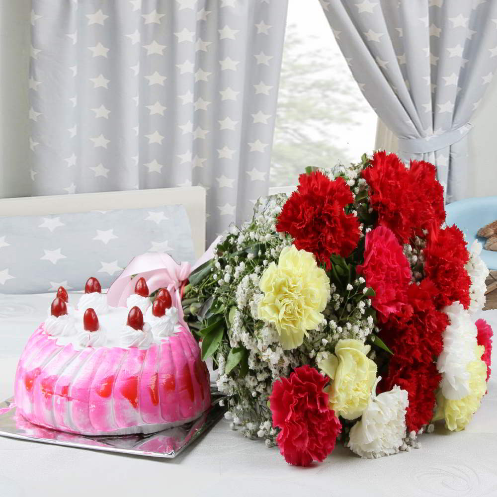 Strawberry Cake with Colorful Carnations Bouquet