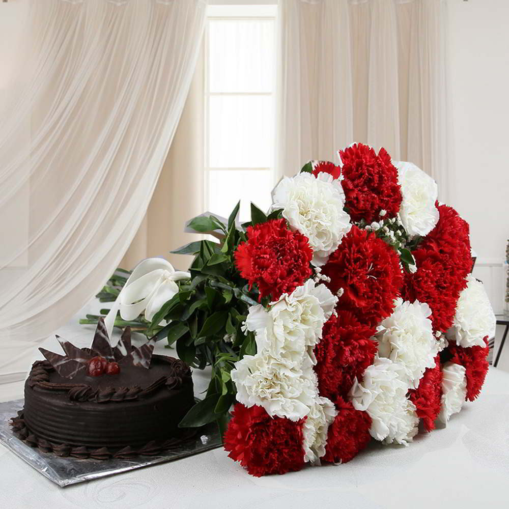 Twenty Mix Carnations with Eggless Chocolate Cake