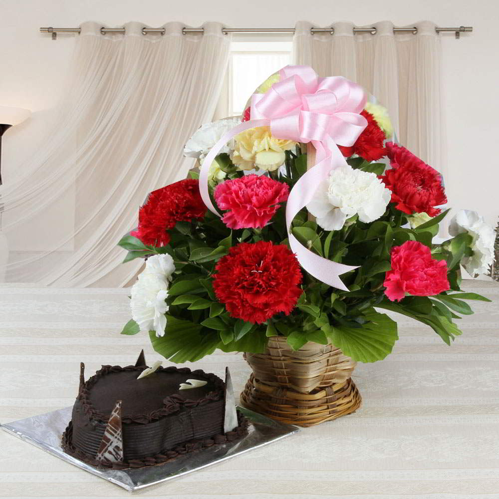 Chocolate Truffle Cake with Mixed Carnations Basket
