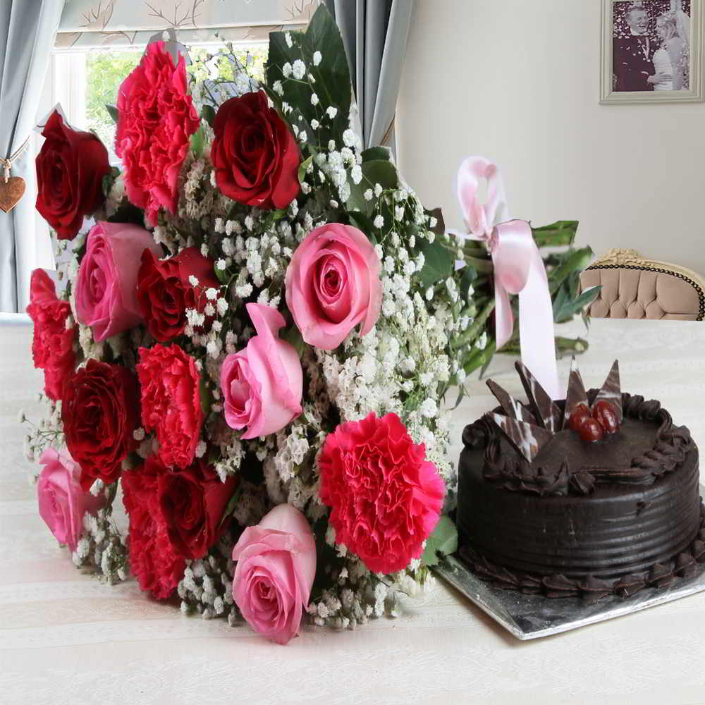 Carnation and Roses Bouquet with Dark Chocolate Cake