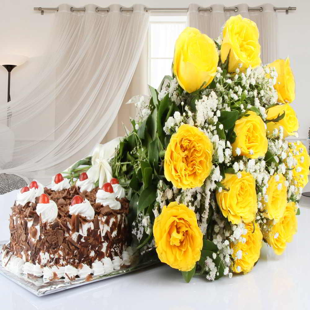 Yellow Roses Bouquet with Black forest Cake