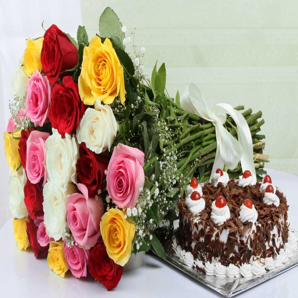 Colorful Roses Bouquet with Black forest Cake