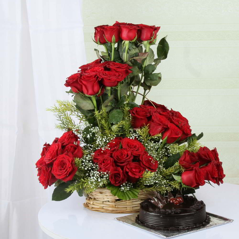 Dark Chocolate Cake with Exotic Roses Arrangement