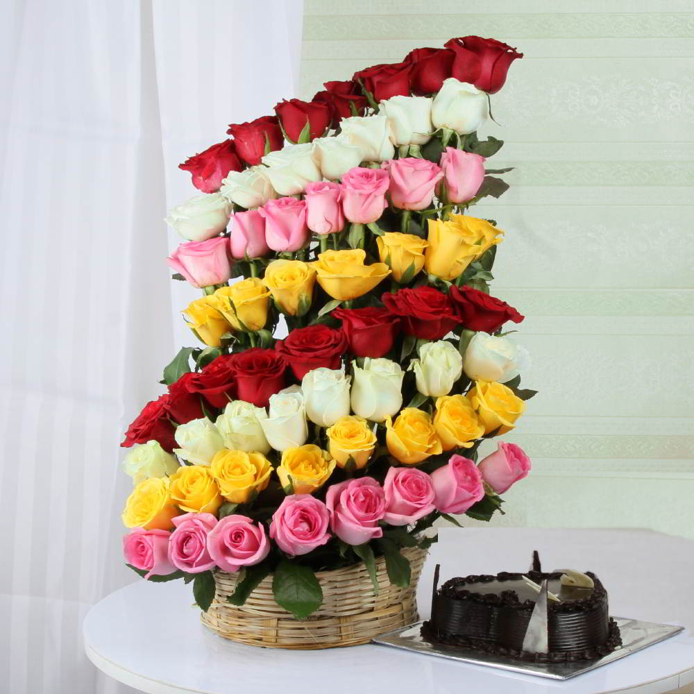 Chocolate Cake with Decorated Layer Mix Roses Arrangement