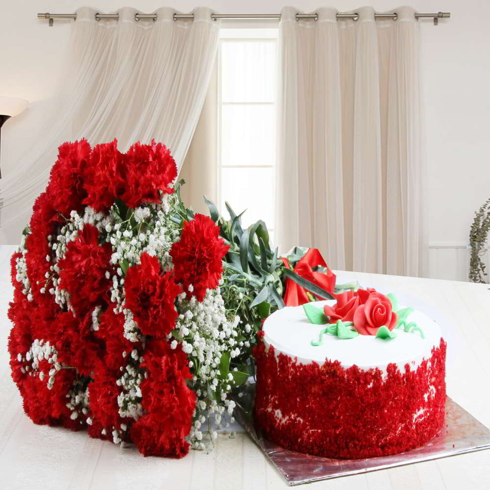 Red Carnation Bouquet with Red Velvet Cake