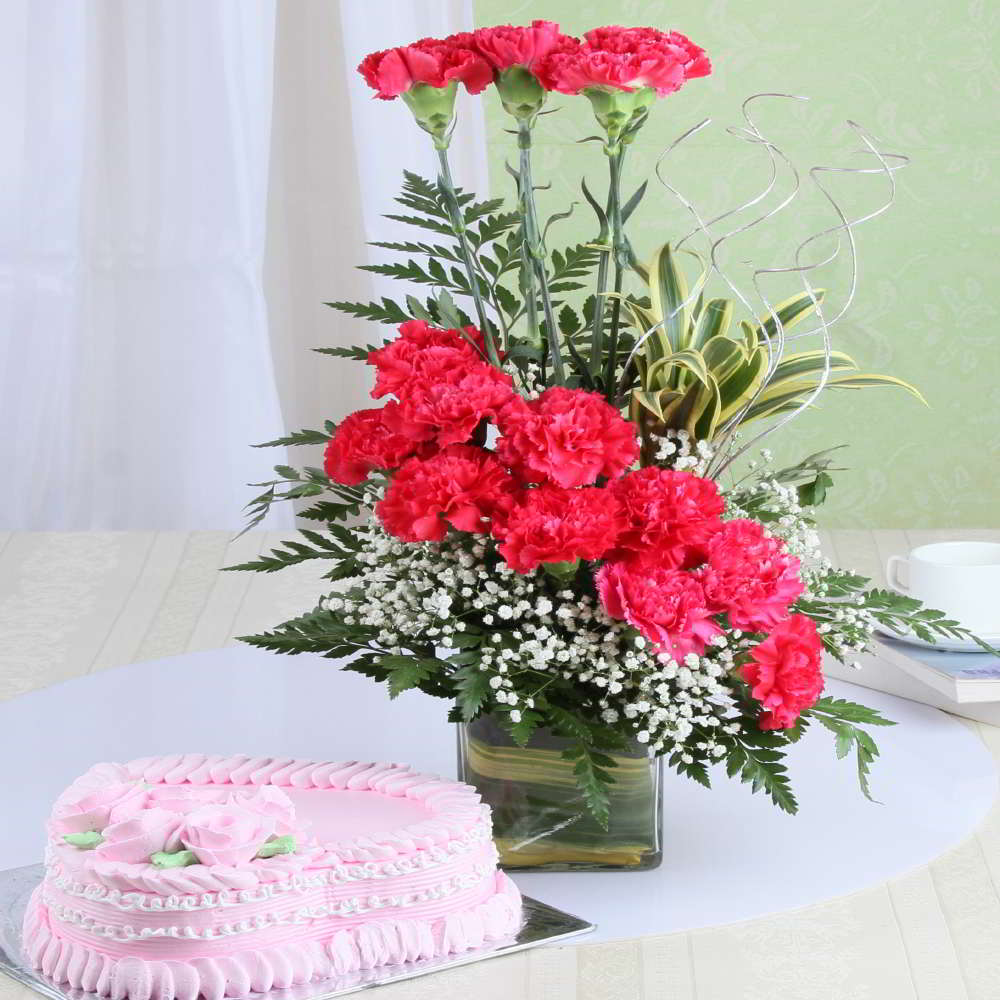 Heart Shape Strawberry Cake with Pink Carnation Arrangement