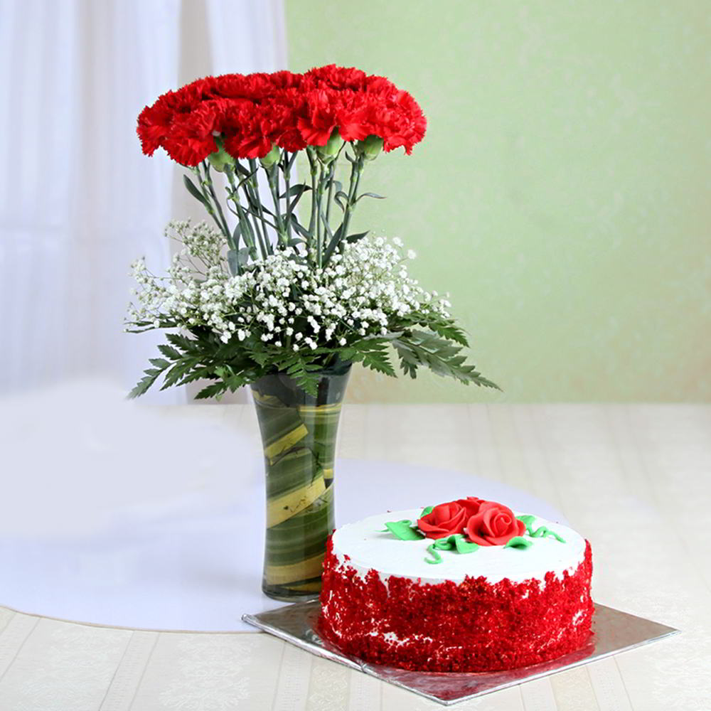 Red Velvet Cake with Red Carnation in Glass Vase