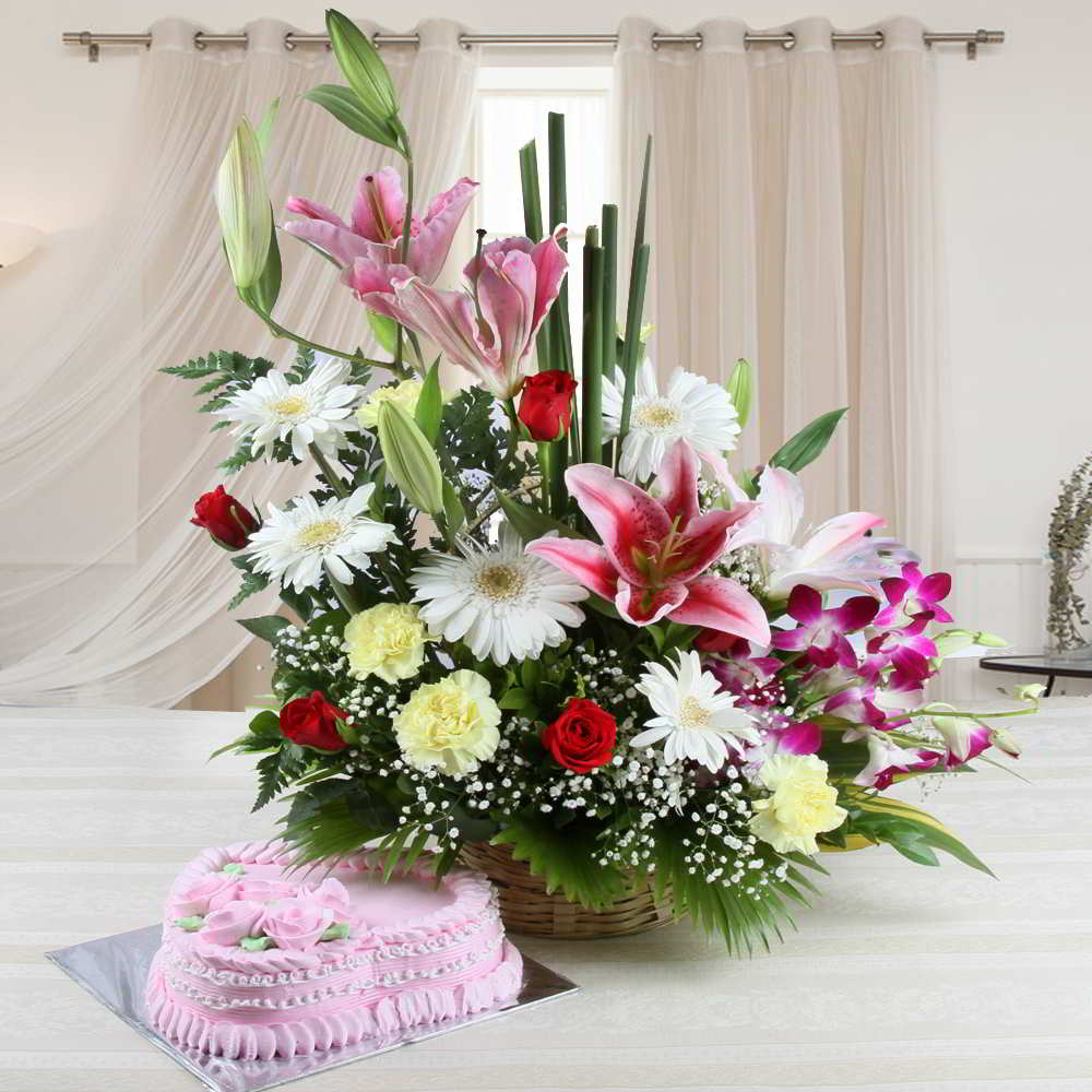 Mix Seasonal Flowers Arrangement with Strawberry Cake