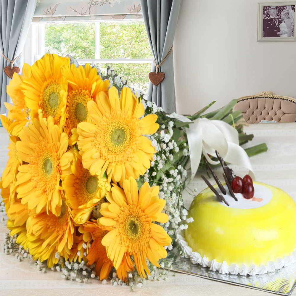 Yellow Gerberas Bouquet and Pineapple Cake