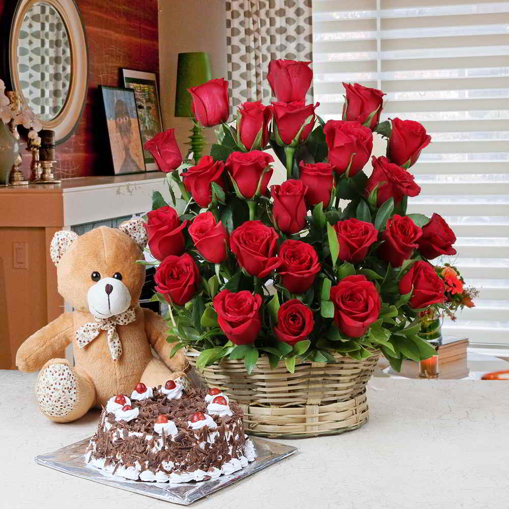Black Forest Cake and Basket Arrangement of Red Roses with Teddy Bear
