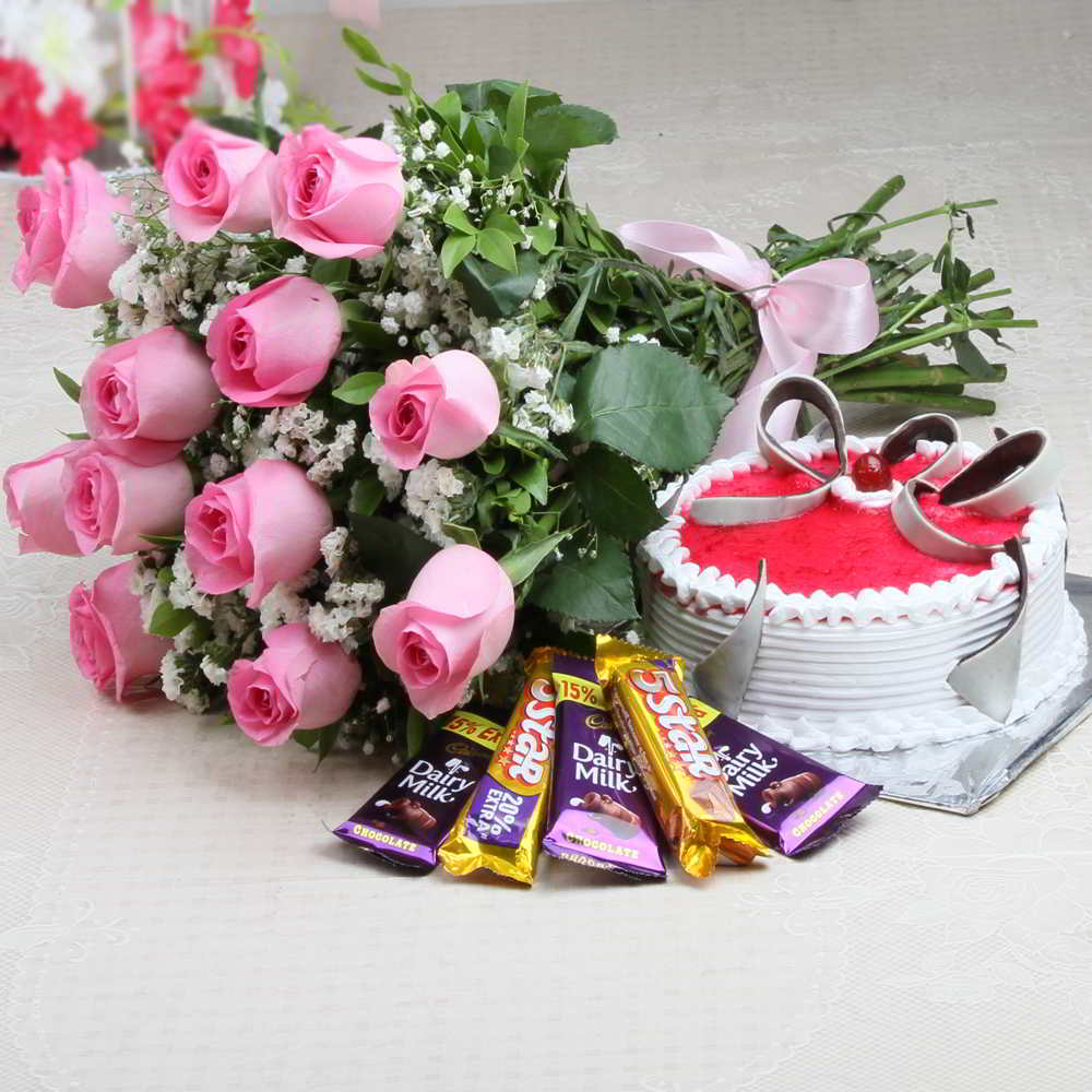 Strawberry Cake with Assorted Chocolates and Roses Bouquet