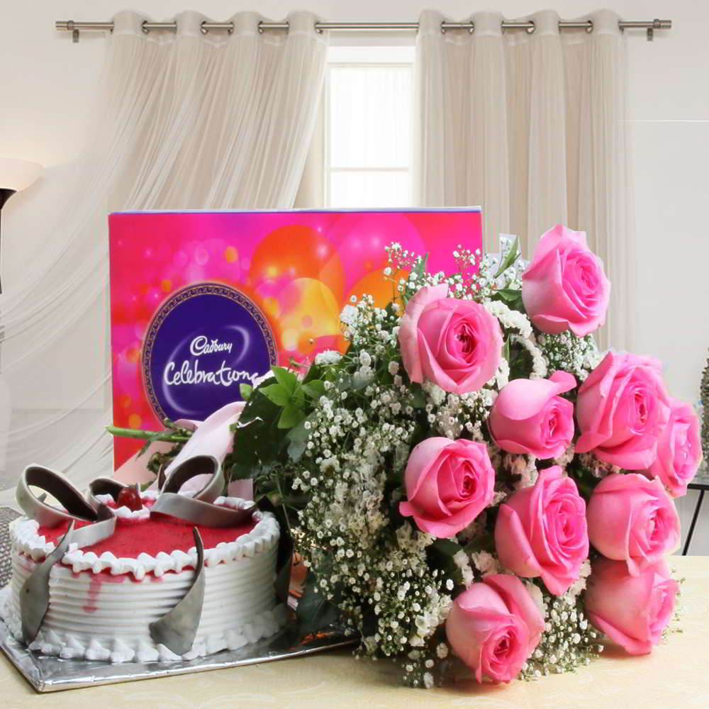 Cadbury Celebration Chocolate Pack and Pink Roses with Strawberry Cake