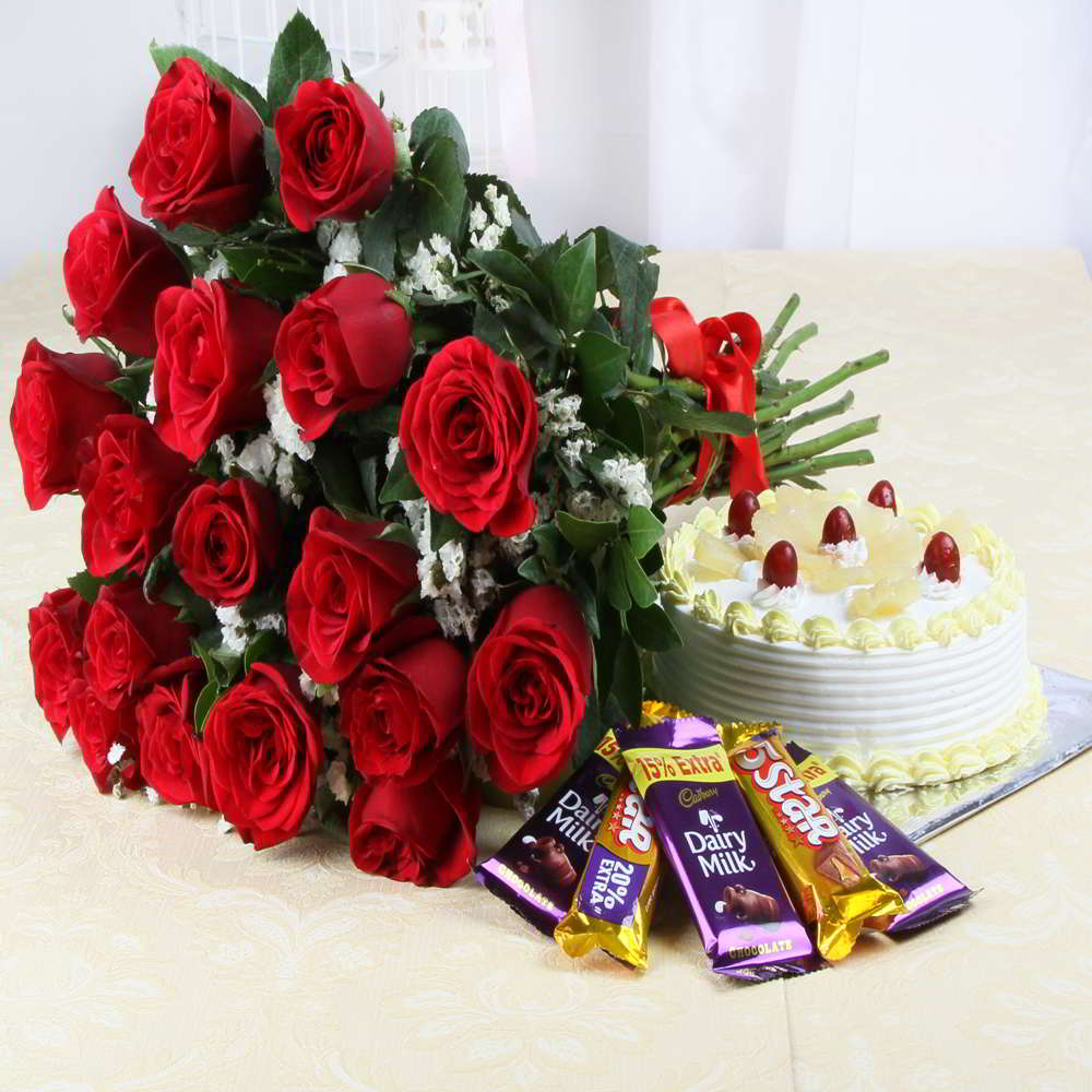 Pineapple Cake and Red Roses with Assorted Chocolates