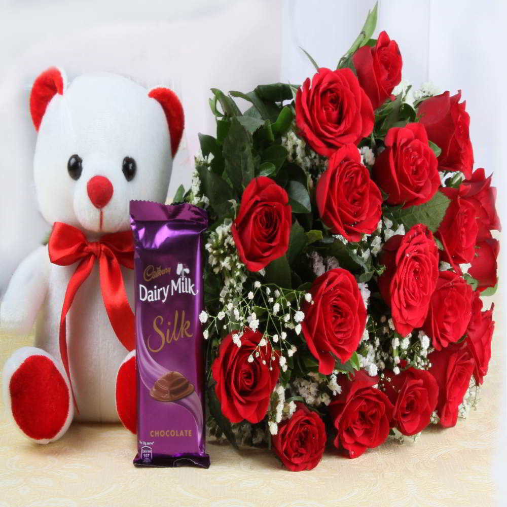 Red Roses and Cute Teddy Bear with Cadbury Dairy Milk Silk Chocolates