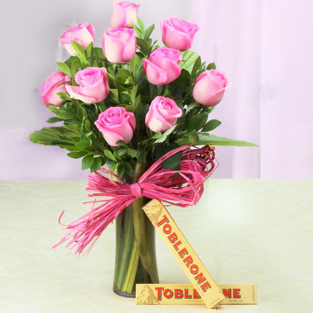 Toblerone Chocolates with Ten Pink Roses in Glass Vase