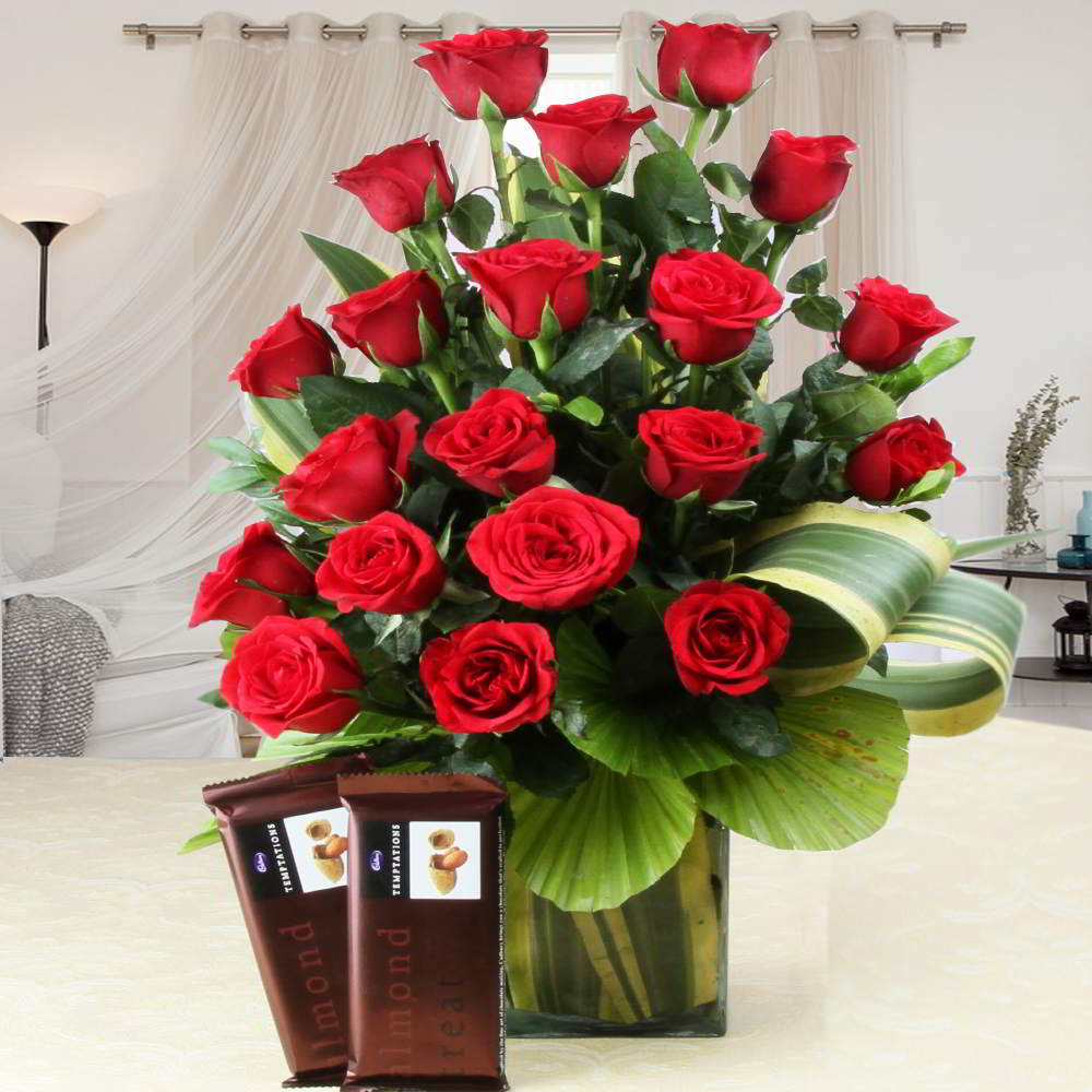 Lovely Red Roses in a Vase and Temptations Chocolates