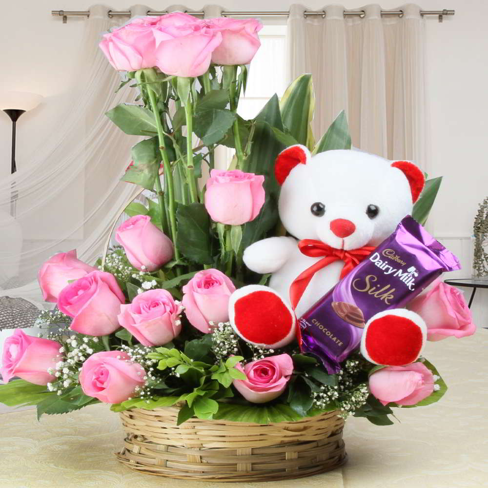 Teddy Bear with Basket of Pink Roses and Cadbury Dairy Milk Silk Chocolates