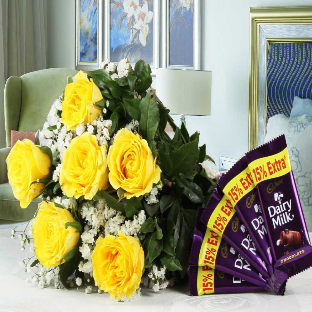 Combo of Yellow Roses with Cadbury Dairy Milk Chocolates