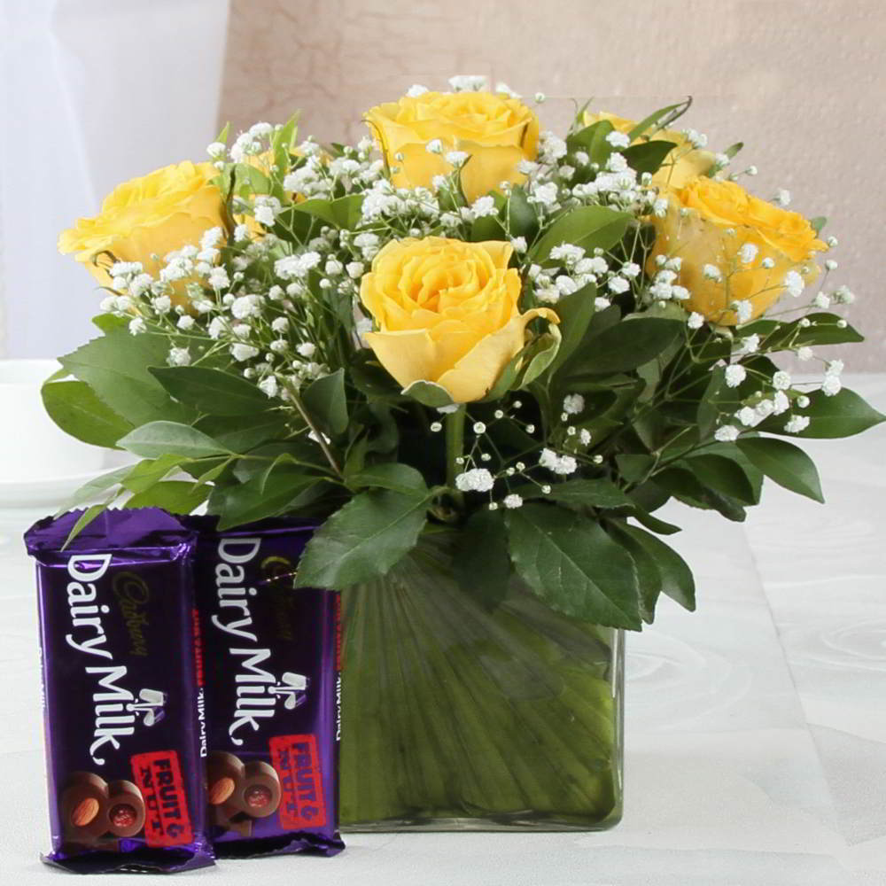 Cadbury Dairymilk Fruit n Nut Chocolate with Yellow Roses in Vase