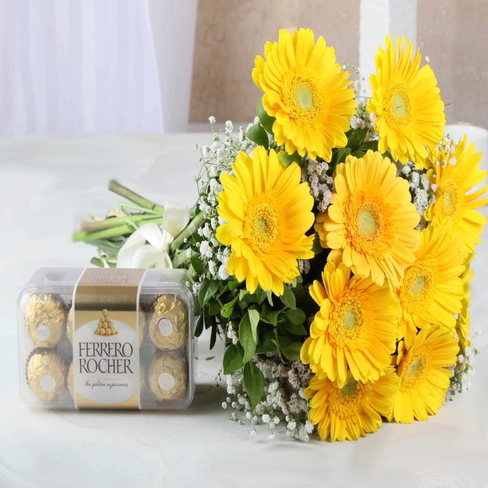Ten Yellow Gerberas with Ferrero Rocher Chocolate Box