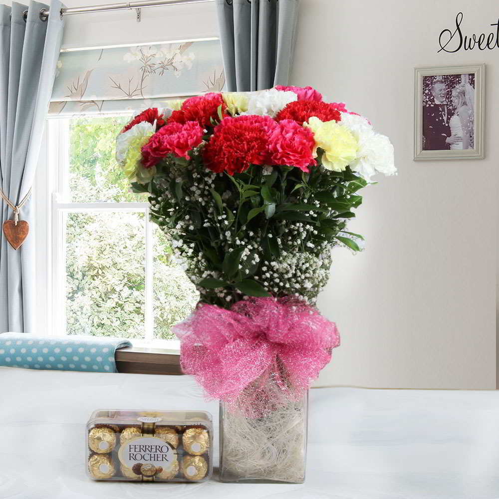 Vase of Two Dozen of Mix Carnation and Ferrero Rocher Chocolate Box