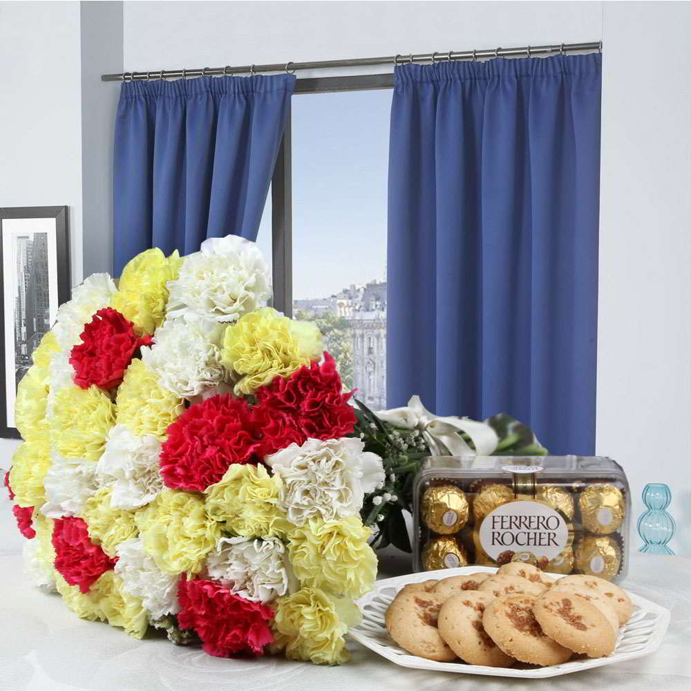 Assorted Cookies with Mix Carnation Bouquet and Ferrero Rocher Chocolate