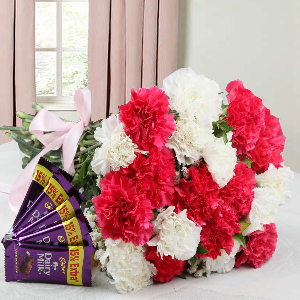 Carnation Bouquet and Cadbury Dairy Milk Chocolate Combo