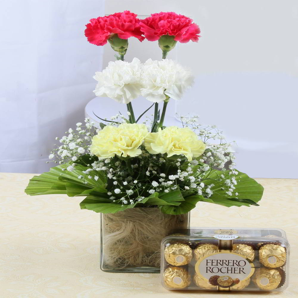 Ferrero Rocher Chocolates and Carnations Arrangement