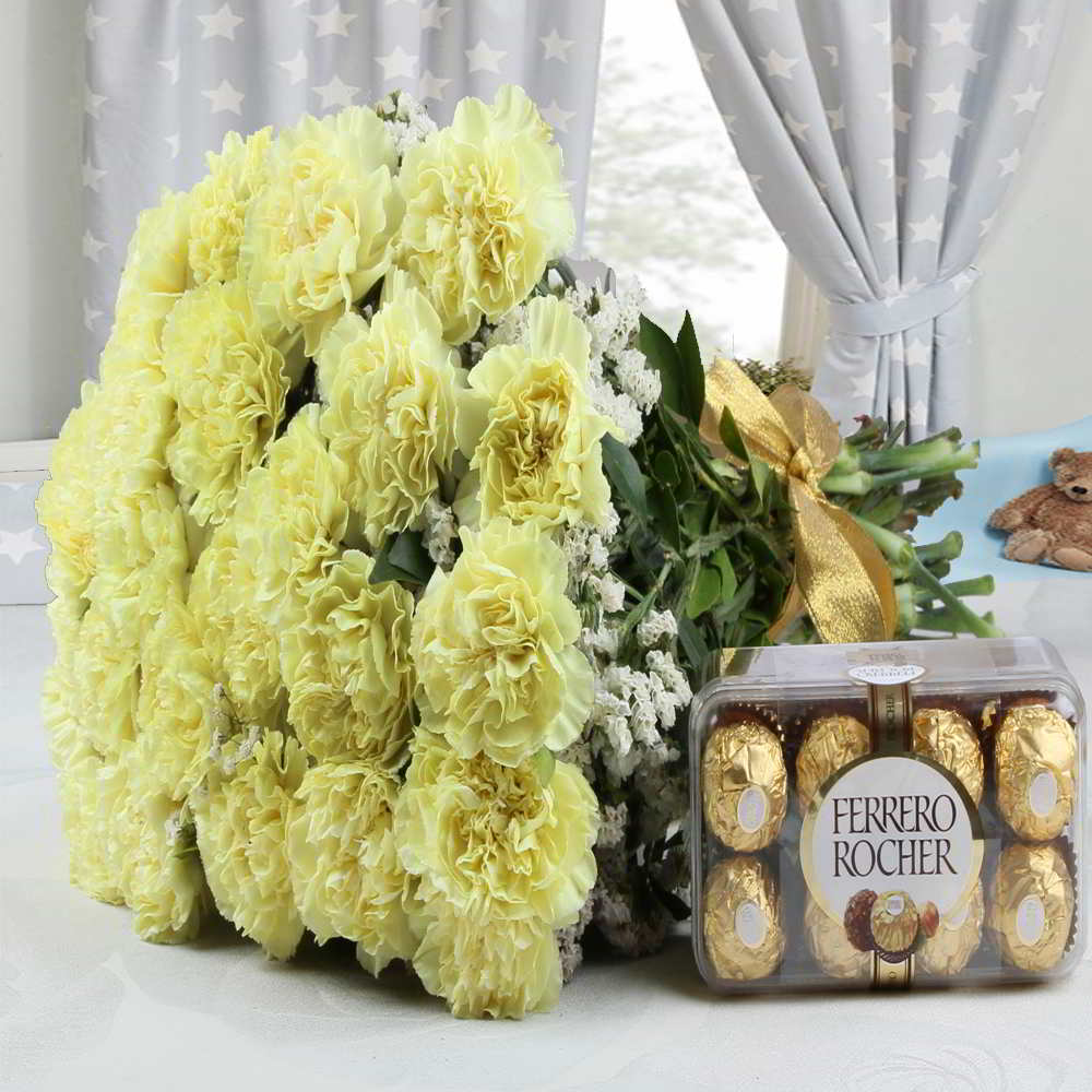 Yellow Carnations Bouquet with Ferrero Rocher Chocolates