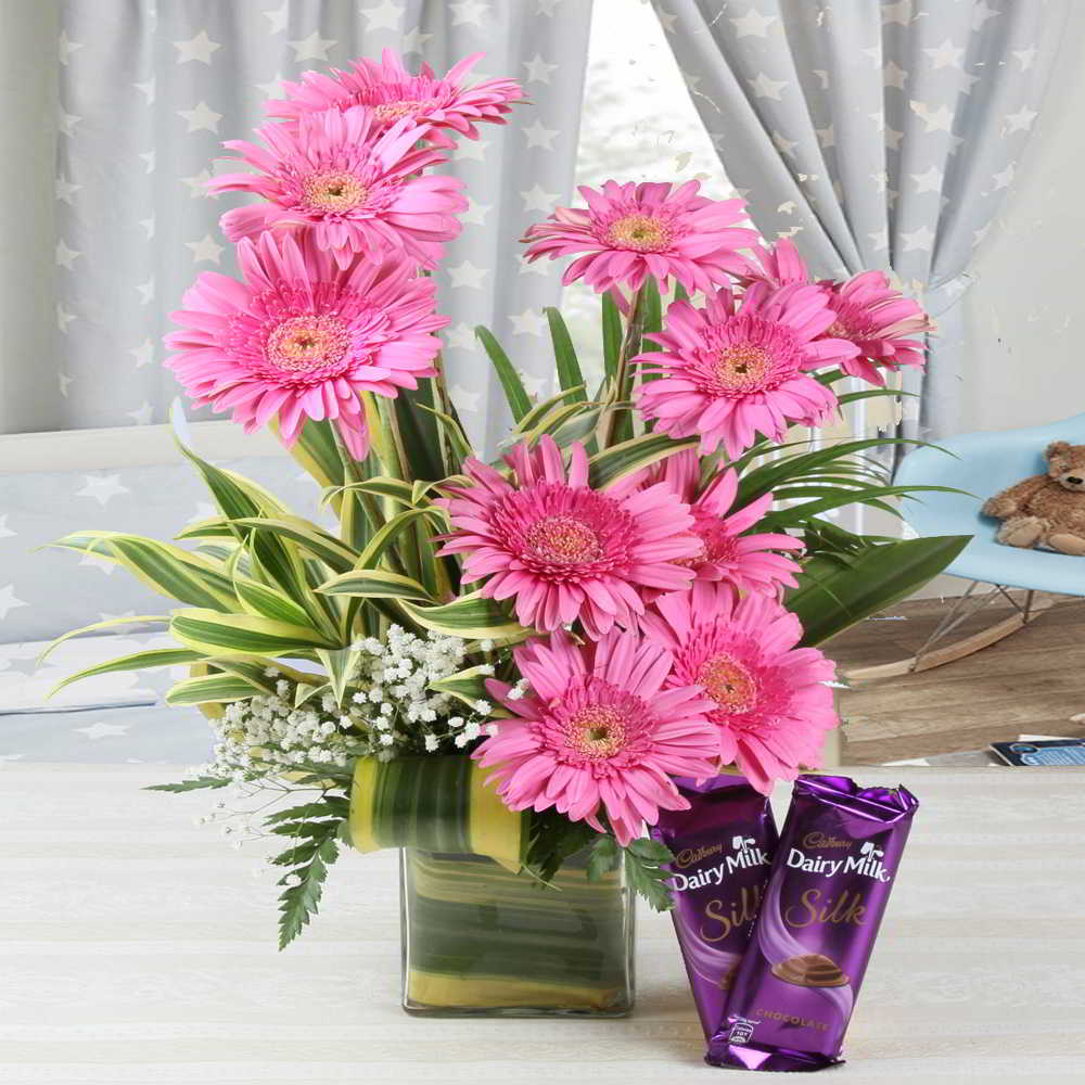 Cadbury Dairy Milk Silk Chocolate with Pink Gerberas in Vase