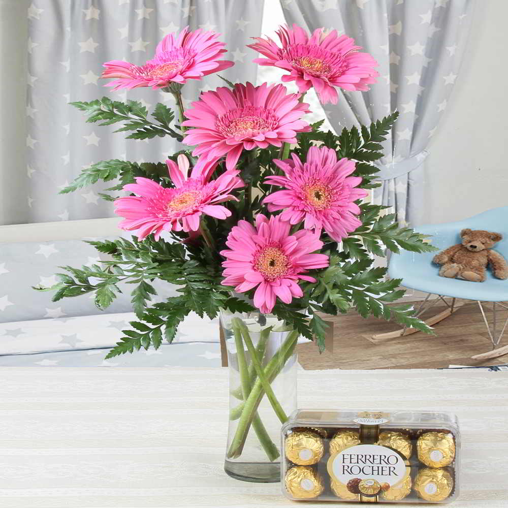 Vase of Pink Gerberas with Ferrero Rocher Chocolates