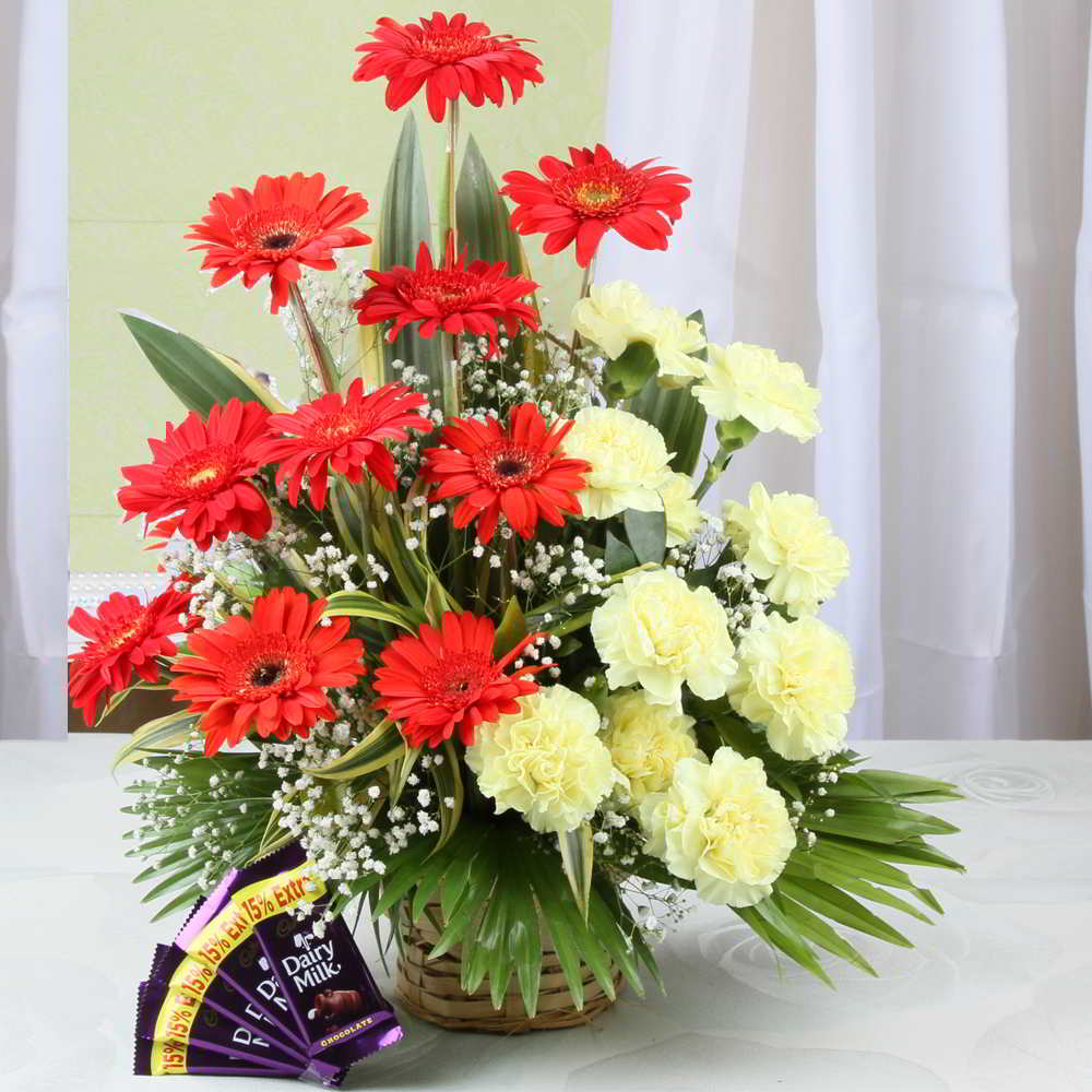 Cadbury Dairy Milk Chocolate with Gerberas Carnations Arrangement