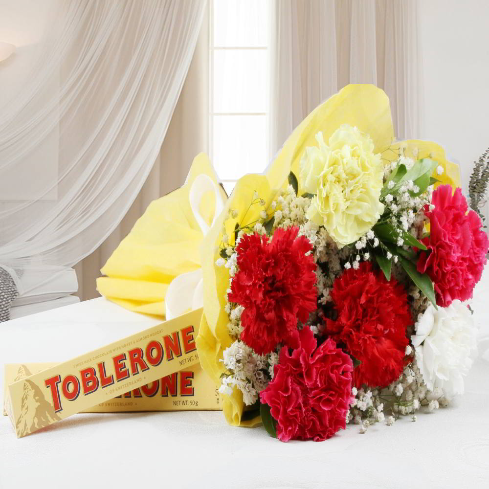 Toblerone Chocolates with Colorful Carnations Bouquet