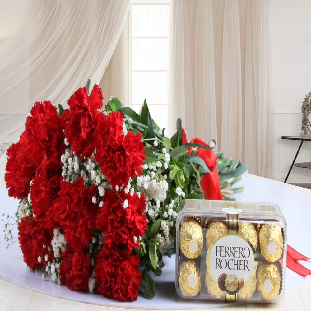 Bouquet of Red Carnation with Ferrero Rocher Chocolate