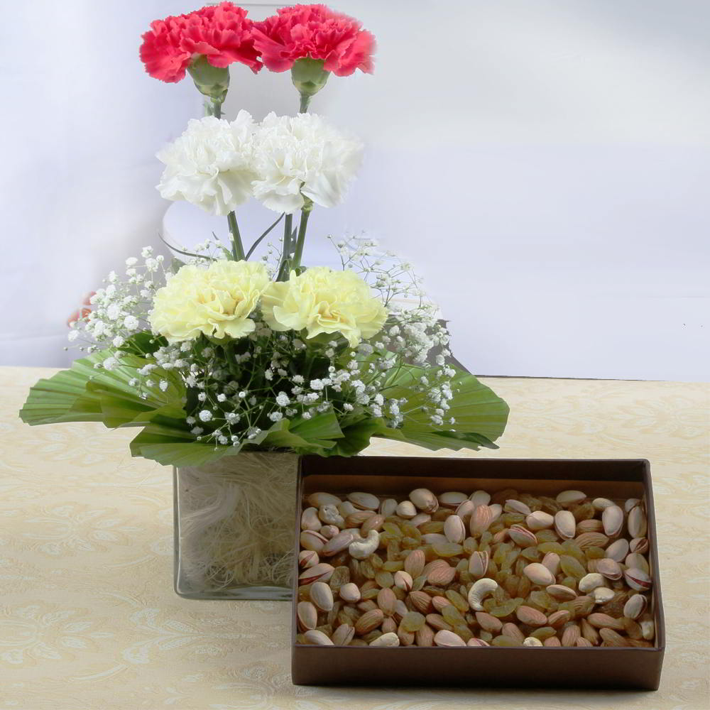 Assorted Dry Fruits with Vase of Carnations