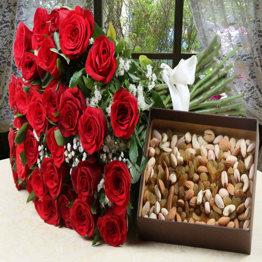Red Color Roses Bouquet with Assorted Dry Fruits
