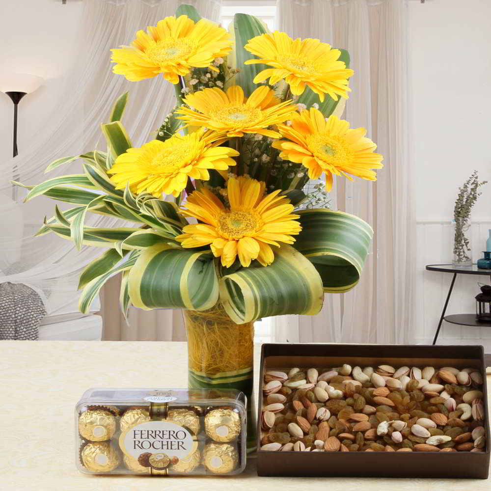 Dry Fruits and Ferrero Rocher Chocolates with Gerberas Bouquet