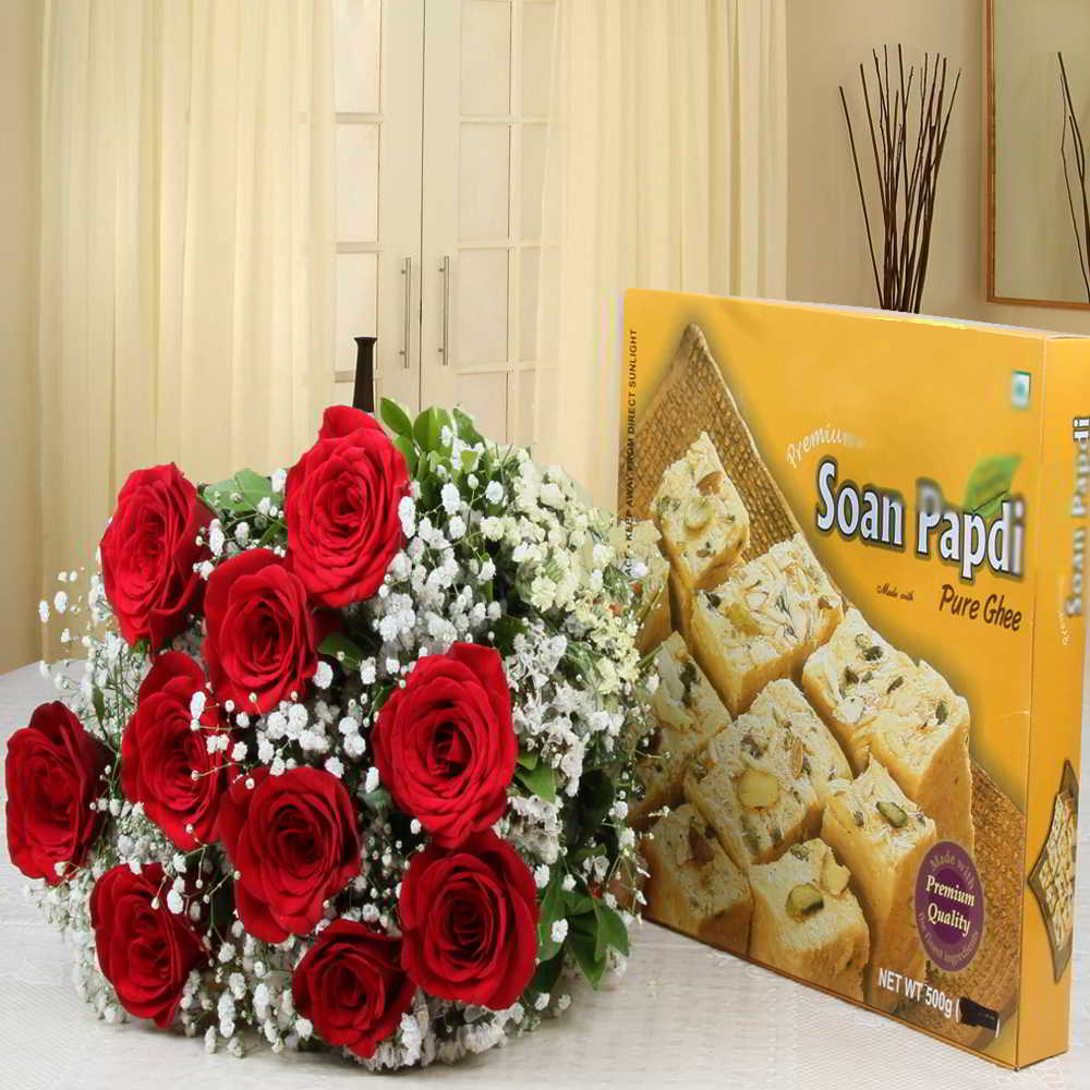 Soan Papdi Sweet Box with Roses Bouquet